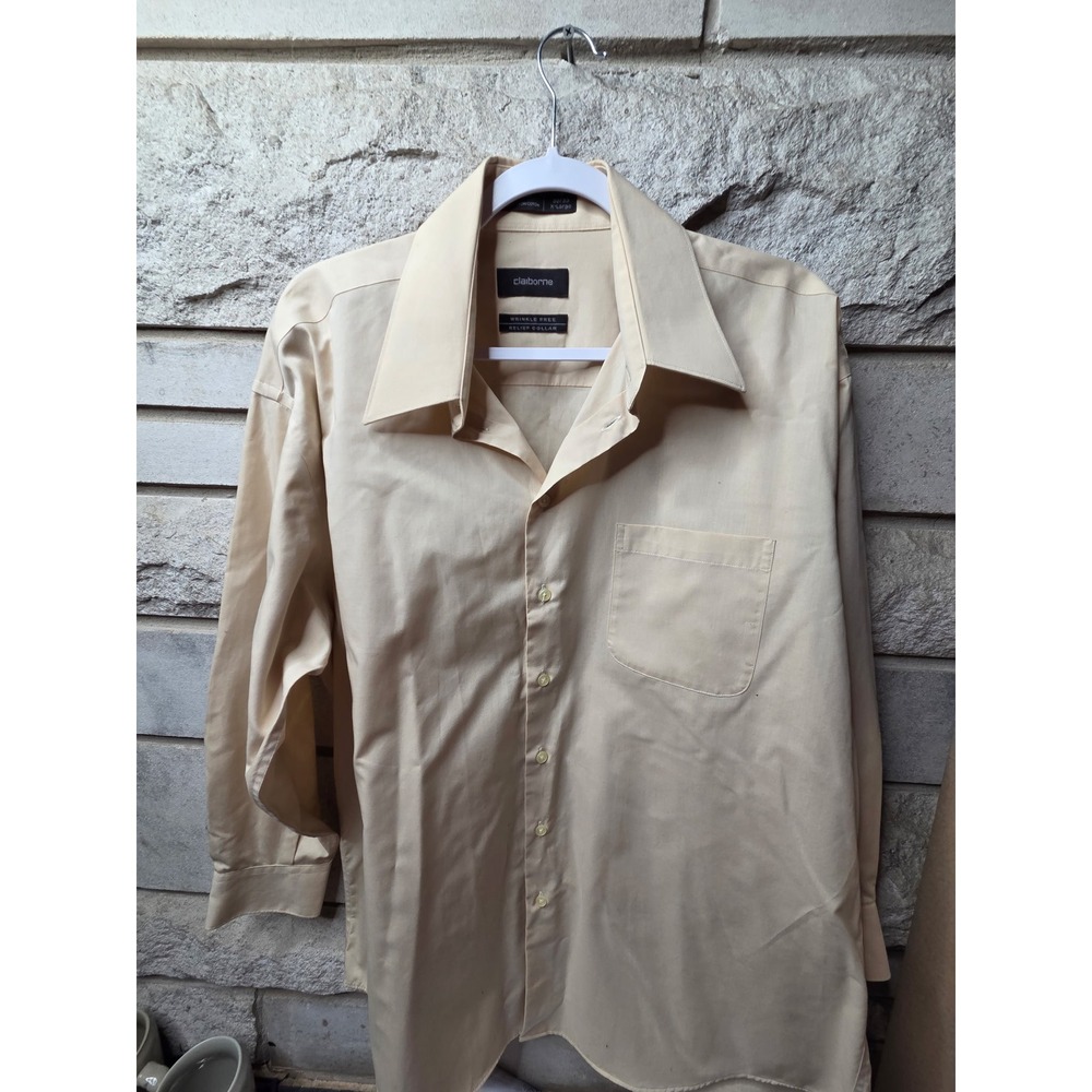 Claiborne Men XL 17 32/33 Dress Shirt Tan Long Sleeve Wrinkle Free Relief Collar